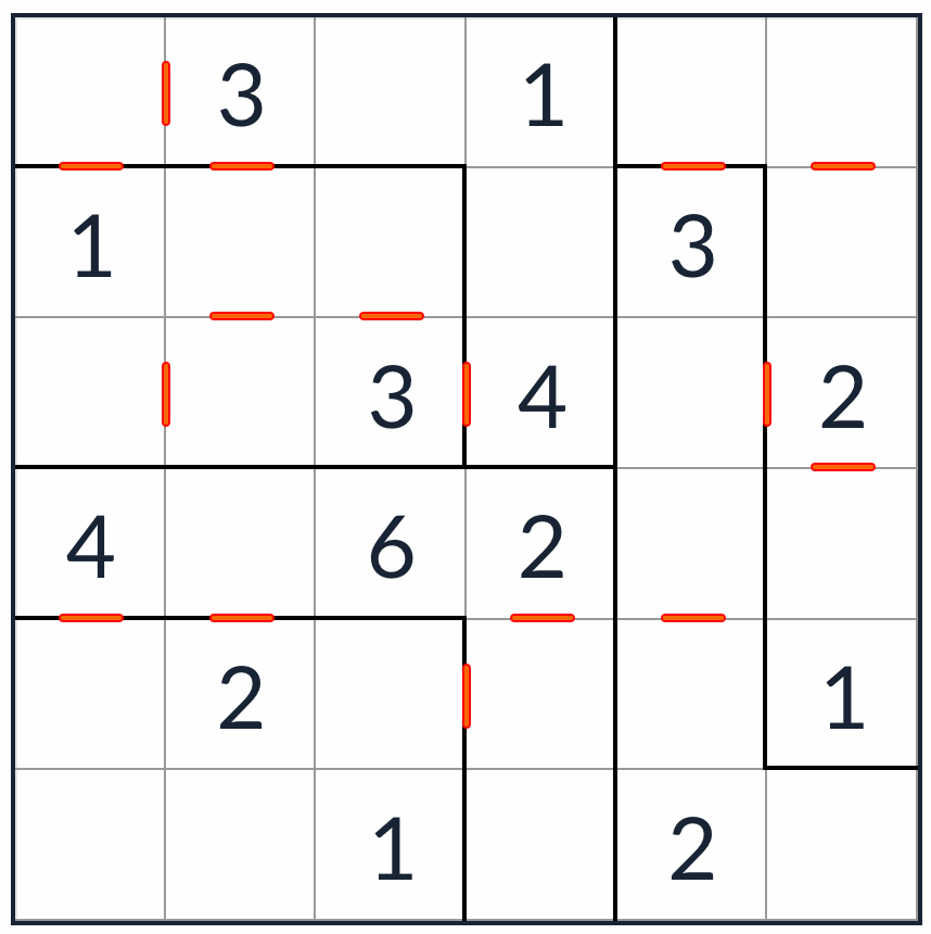 Kingien vastainen epäsäännöllinen peräkkäinen sudoku 6x6