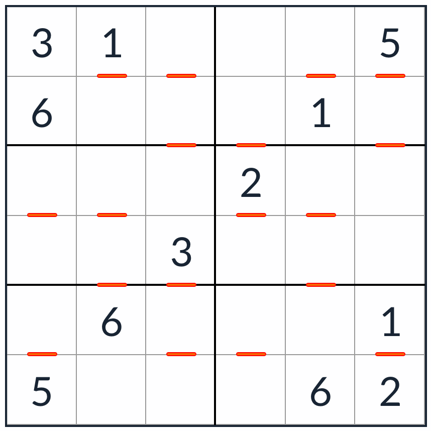 Kingien vastainen peräkkäinen Sudoku 6x6
