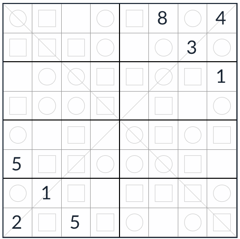 Kingien vastainen diagonaalinen tasa-arvoinen sudoku 8x8
