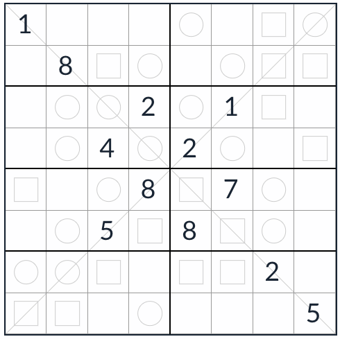 Knightin vastainen diagonaali tasainen pariton sudoku 8x8