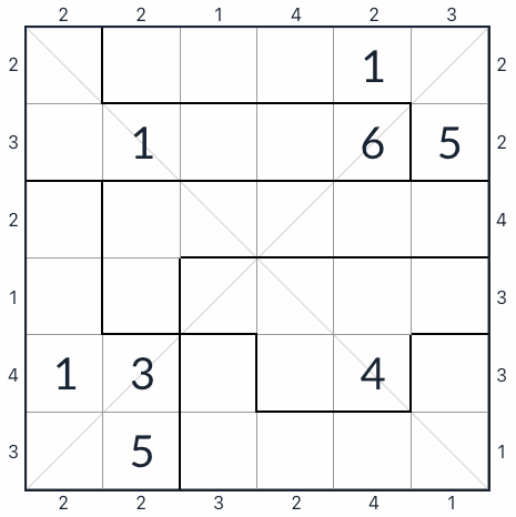 Epäsäännöllinen diagonaalinen pilvenpiirtäjä Sudoku 6x6