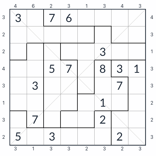 Epäsäännöllinen diagonaalinen pilvenpiirtäjä Sudoku 8x8